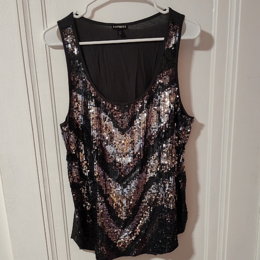 Express Women's Black and Silver Sequin Tank Top sz large